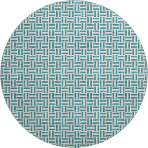 HomeRoots 8' Teal and Ivory Geometric Round Rug - Washable, UV-Protected, Perfect for Active Homes & Spaces! 672461