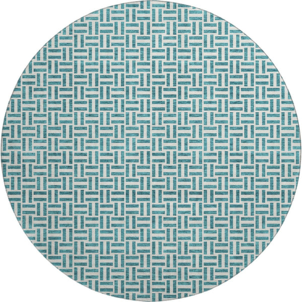 HomeRoots 8' Teal and Ivory Geometric Round Rug - Washable, UV-Protected, Perfect for Active Homes & Spaces! 672461