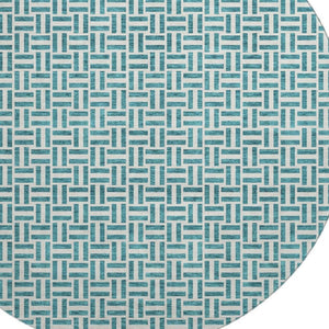 HomeRoots 8' Teal and Ivory Geometric Round Rug - Washable, UV-Protected, Perfect for Active Homes & Spaces! 672461
