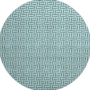 HomeRoots 8' Teal and Ivory Geometric Round Rug - Washable, UV-Protected, Perfect for Active Homes & Spaces! 672461
