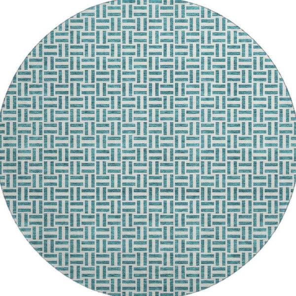 HomeRoots 8' Teal and Ivory Geometric Round Rug - Washable, UV-Protected, Perfect for Active Homes & Spaces! 672461