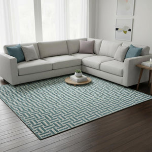 HomeRoots 8' X 10' Teal and Ivory Geometric Area Rug – Stylish, Washable, UV-Protected for Everyday Use! 672462