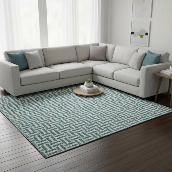 HomeRoots 8' X 10' Teal and Ivory Geometric Area Rug – Stylish, Washable, UV-Protected for Everyday Use! 672462