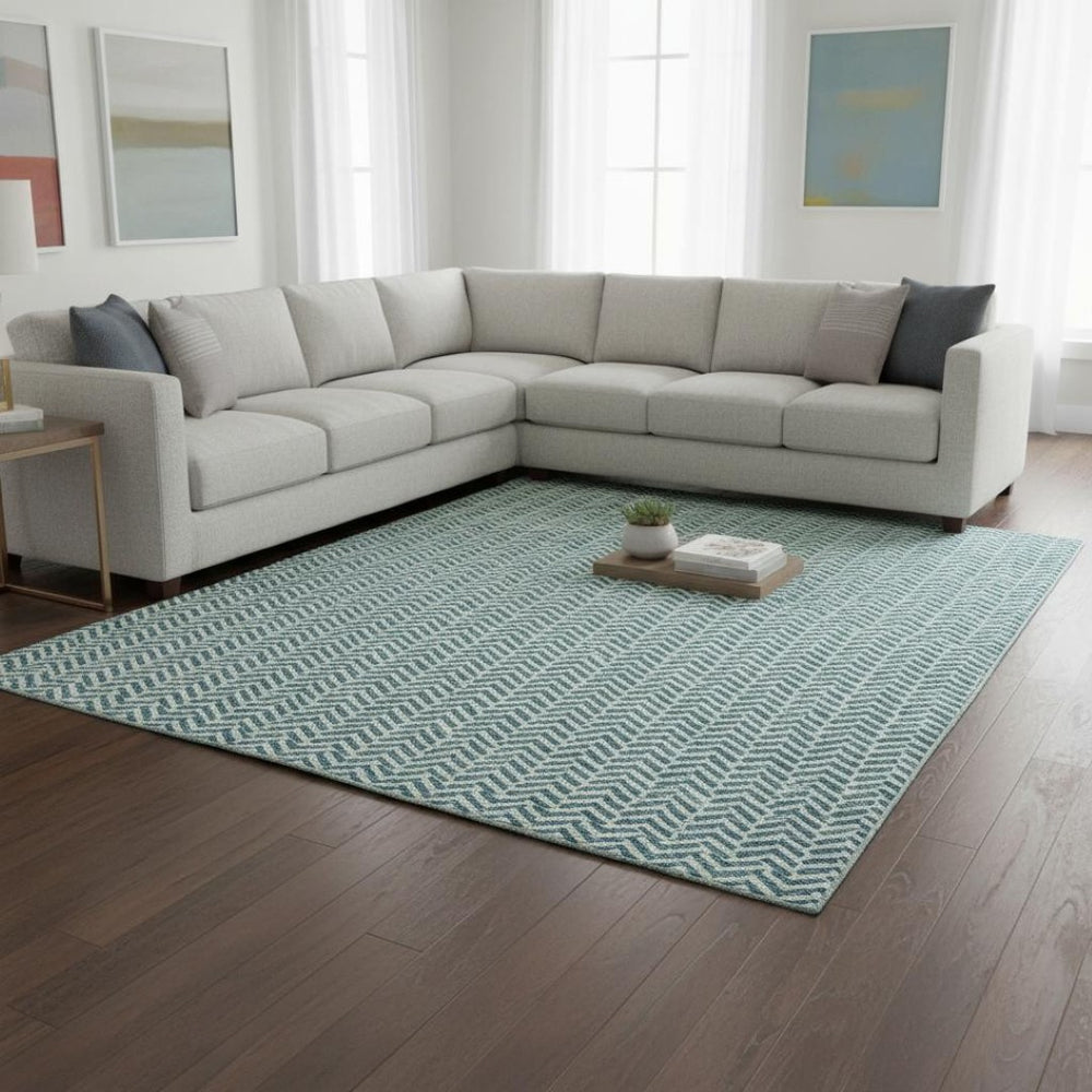 HomeRoots 9' X 12' Teal & Ivory Geometric Area Rug - Stylish, Stain-Resistant, UV Protected for Modern Spaces 672463
