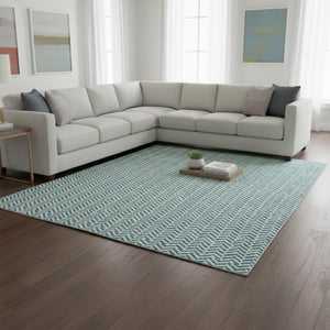 HomeRoots 9' X 12' Teal & Ivory Geometric Area Rug - Stylish, Stain-Resistant, UV Protected for Modern Spaces 672463
