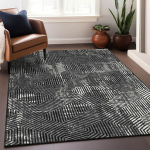 HomeRoots 5' X 8' Black And Ivory Geometric Area Rug – Durable, Washable, UV Protection for Modern Homes 672466