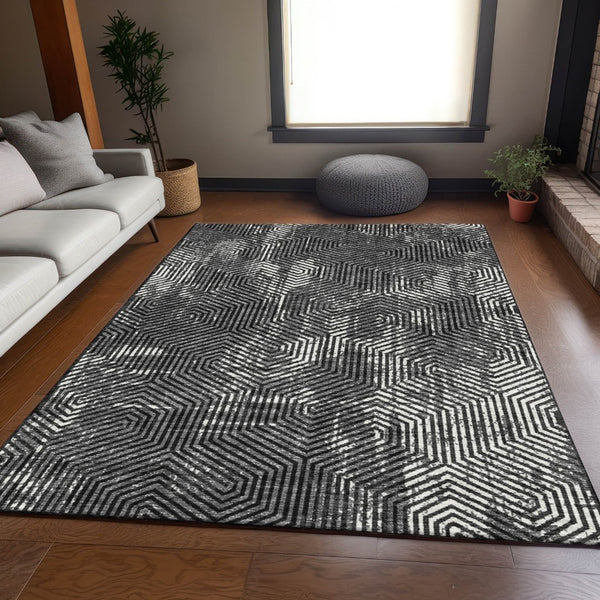 HomeRoots 5' X 8' Black And Ivory Geometric Area Rug – Durable, Washable, UV Protection for Modern Homes 672466
