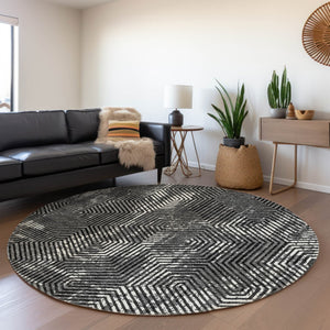 HomeRoots 8' Black and Ivory Geometric Washable Round Rug - Durable, Stylish, UV-Protected, Easy-Care Design 672467