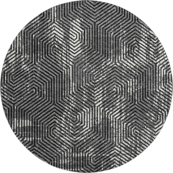 HomeRoots 8' Black and Ivory Geometric Washable Round Rug - Durable, Stylish, UV-Protected, Easy-Care Design 672467