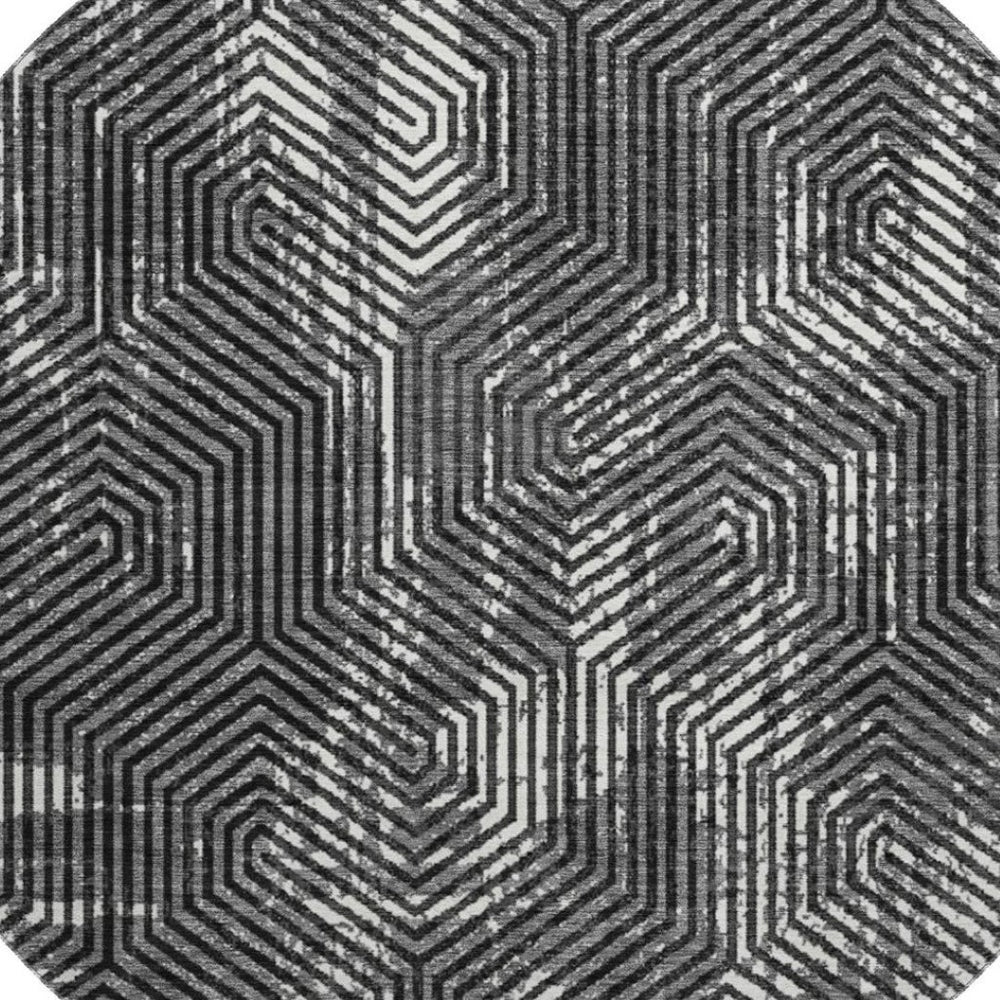 HomeRoots 8' Black and Ivory Geometric Washable Round Rug - Durable, Stylish, UV-Protected, Easy-Care Design 672467