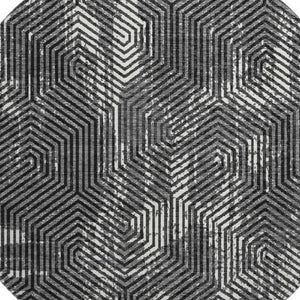 HomeRoots 8' Black and Ivory Geometric Washable Round Rug - Durable, Stylish, UV-Protected, Easy-Care Design 672467