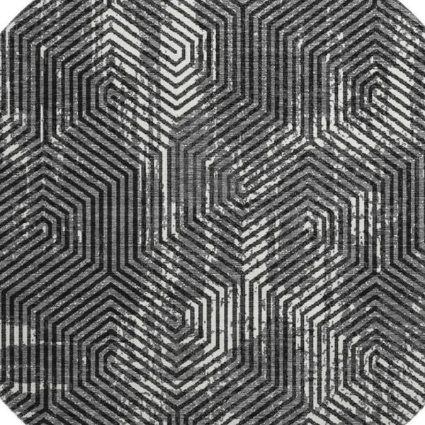 HomeRoots 8' Black and Ivory Geometric Washable Round Rug - Durable, Stylish, UV-Protected, Easy-Care Design 672467
