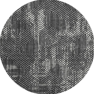 HomeRoots 8' Black and Ivory Geometric Washable Round Rug - Durable, Stylish, UV-Protected, Easy-Care Design 672467
