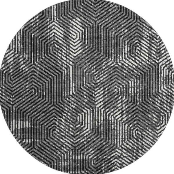 HomeRoots 8' Black and Ivory Geometric Washable Round Rug - Durable, Stylish, UV-Protected, Easy-Care Design 672467
