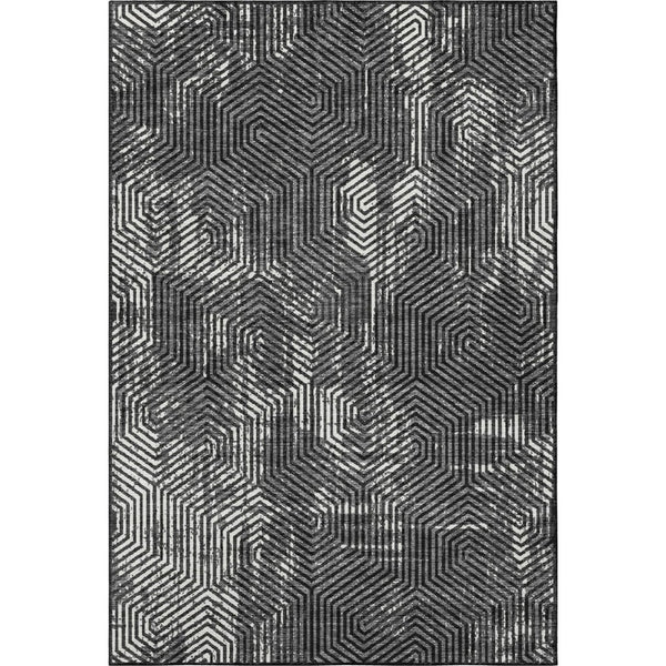 HomeRoots 9' X 12' Stylish Black And Ivory Geometric Washable Area Rug with UV Protection for Family Homes 672469