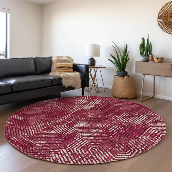 HomeRoots 8' Burgundy Geometric Round Rug - Washable, UV-Protected, Durable & Stylish for Modern Spaces 672473