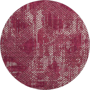 HomeRoots 8' Burgundy Geometric Round Rug - Washable, UV-Protected, Durable & Stylish for Modern Spaces 672473