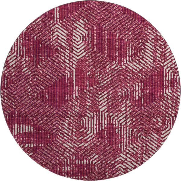 HomeRoots 8' Burgundy Geometric Round Rug - Washable, UV-Protected, Durable & Stylish for Modern Spaces 672473