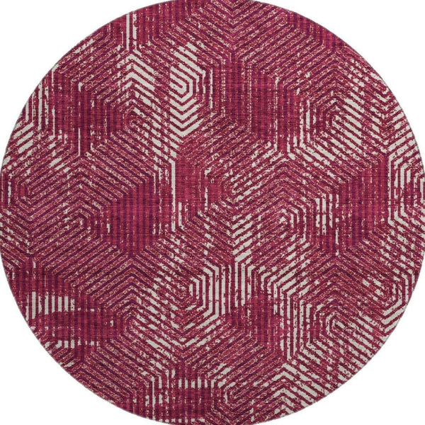 HomeRoots 8' Burgundy Geometric Round Rug - Washable, UV-Protected, Durable & Stylish for Modern Spaces 672473