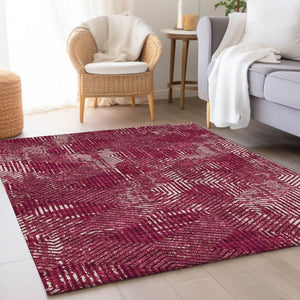 HomeRoots 10' Burgundy and Ivory Geometric Area Rug – Washable, UV-Protected, Stain-Resistant for High Traffic Spaces 672476