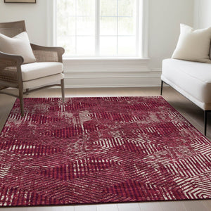HomeRoots 10' Burgundy and Ivory Geometric Area Rug – Washable, UV-Protected, Stain-Resistant for High Traffic Spaces 672476