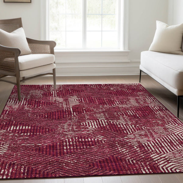 HomeRoots 10' Burgundy and Ivory Geometric Area Rug – Washable, UV-Protected, Stain-Resistant for High Traffic Spaces 672476