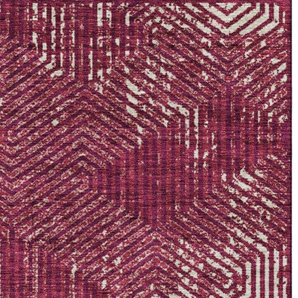 HomeRoots 10' Burgundy and Ivory Geometric Area Rug – Washable, UV-Protected, Stain-Resistant for High Traffic Spaces 672476