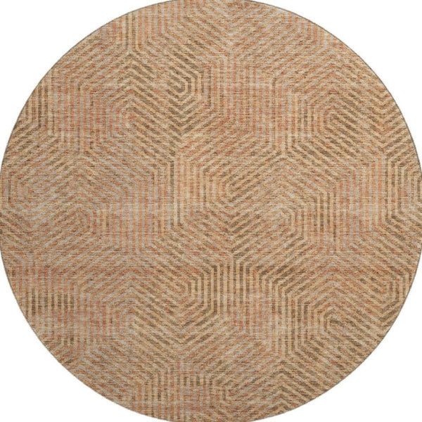 HomeRoots 8' Copper and Beige Geometric Round Rug - Washable, UV-Resistant, Stylish for Modern Living Spaces 672479