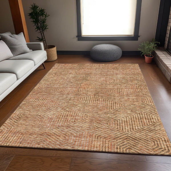 HomeRoots 8' X 10' Stylish Copper & Beige Geometric Washable Area Rug with UV Protection for Everyday Living 672480