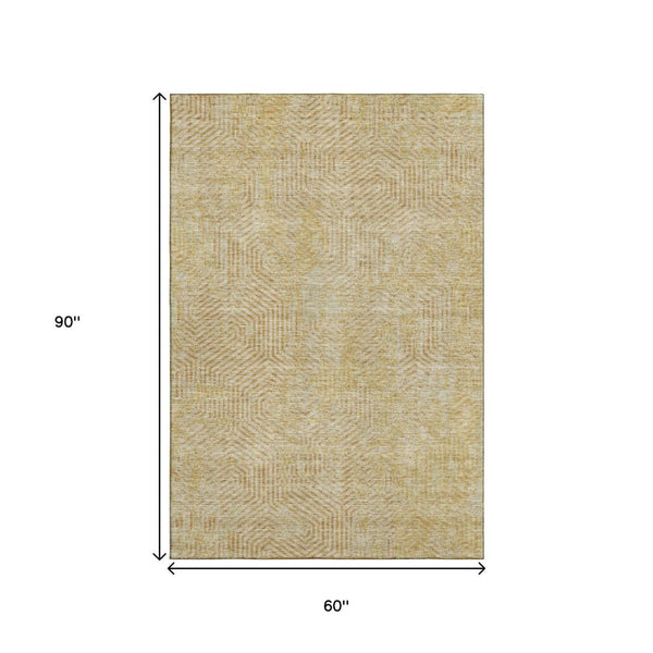 HomeRoots 5' X 8' Gold And Beige Geometric Area Rug – Washable, UV-Protected, Stylish & Durable for Any Room 672484