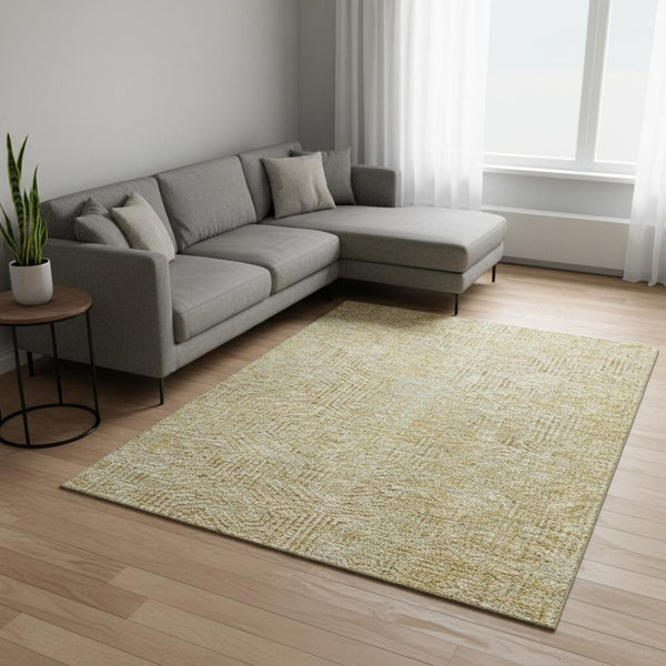 HomeRoots 10' X 14' Gold & Beige Geometric Washable Area Rug with UV Protection for Modern Living Spaces 672488