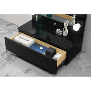 English Elm ELISA LED Vanity Set with Stool, Solid Wood & Glass Top, Built-In Speakers and Spacious Storage Black 33.15 L x 17.8 W x 12.05 H B201S00356