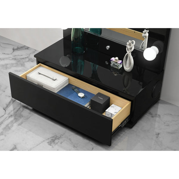 English Elm ELISA LED Vanity Set with Stool, Solid Wood & Glass Top, Built-In Speakers and Spacious Storage Black 33.15 L x 17.8 W x 12.05 H B201S00356
