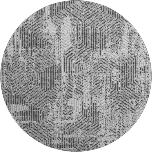 HomeRoots 8' Gray and Silver Geometric Washable Round Rug - UV-Resistant, Stain-Proof, Modern Style for All Spaces 672491
