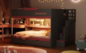 English Elm House-shaped Pine Bunk Bed with Built-in Slide Storage Staircase Twin Over Full Kids Frame Gray N820S00067E