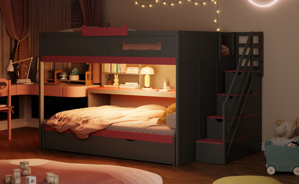 English Elm House-shaped Pine Bunk Bed with Built-in Slide Storage Staircase Twin Over Full Kids Frame Gray N820S00067E