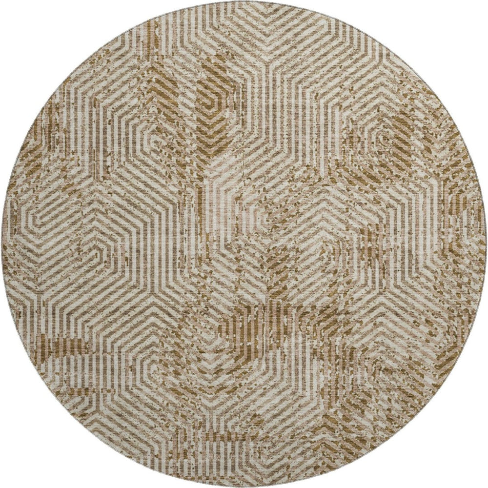 HomeRoots 8' Stylish Coffee and Beige Geometric Round Rug | Durable, Stain-Resistant, UV Protected Design 672515