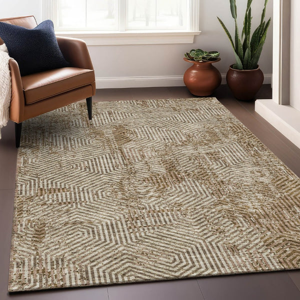 HomeRoots 8' X 10' Coffee & Beige Geometric Area Rug - Washable, UV-Protected for Modern Homes & Easy Care 672516