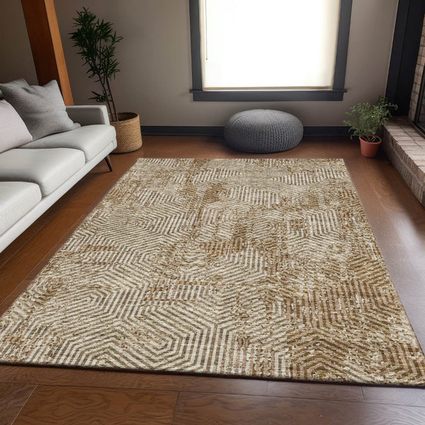 HomeRoots 8' X 10' Coffee & Beige Geometric Area Rug - Washable, UV-Protected for Modern Homes & Easy Care 672516