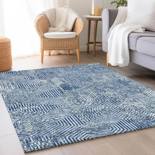 HomeRoots 5' X 8' Navy Blue & Ivory Geometric Area Rug - Washable, UV Protected, Durable for All Spaces! 672520