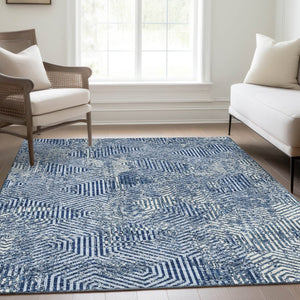 HomeRoots 5' X 8' Navy Blue & Ivory Geometric Area Rug - Washable, UV Protected, Durable for All Spaces! 672520