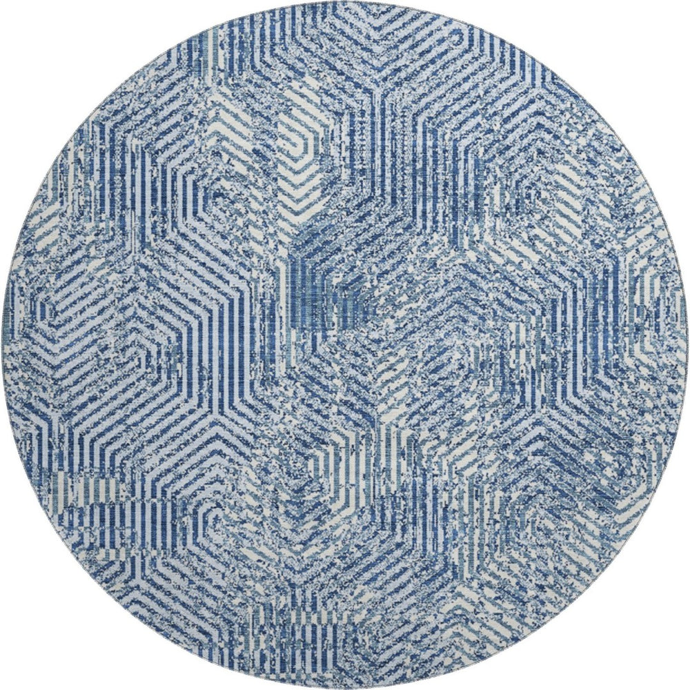 HomeRoots 8' Navy Blue & Ivory Geometric Round Rug - Washable, UV-Protected Decor for Modern Spaces 672521