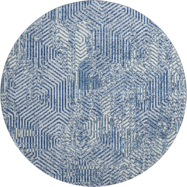 HomeRoots 8' Navy Blue & Ivory Geometric Round Rug - Washable, UV-Protected Decor for Modern Spaces 672521