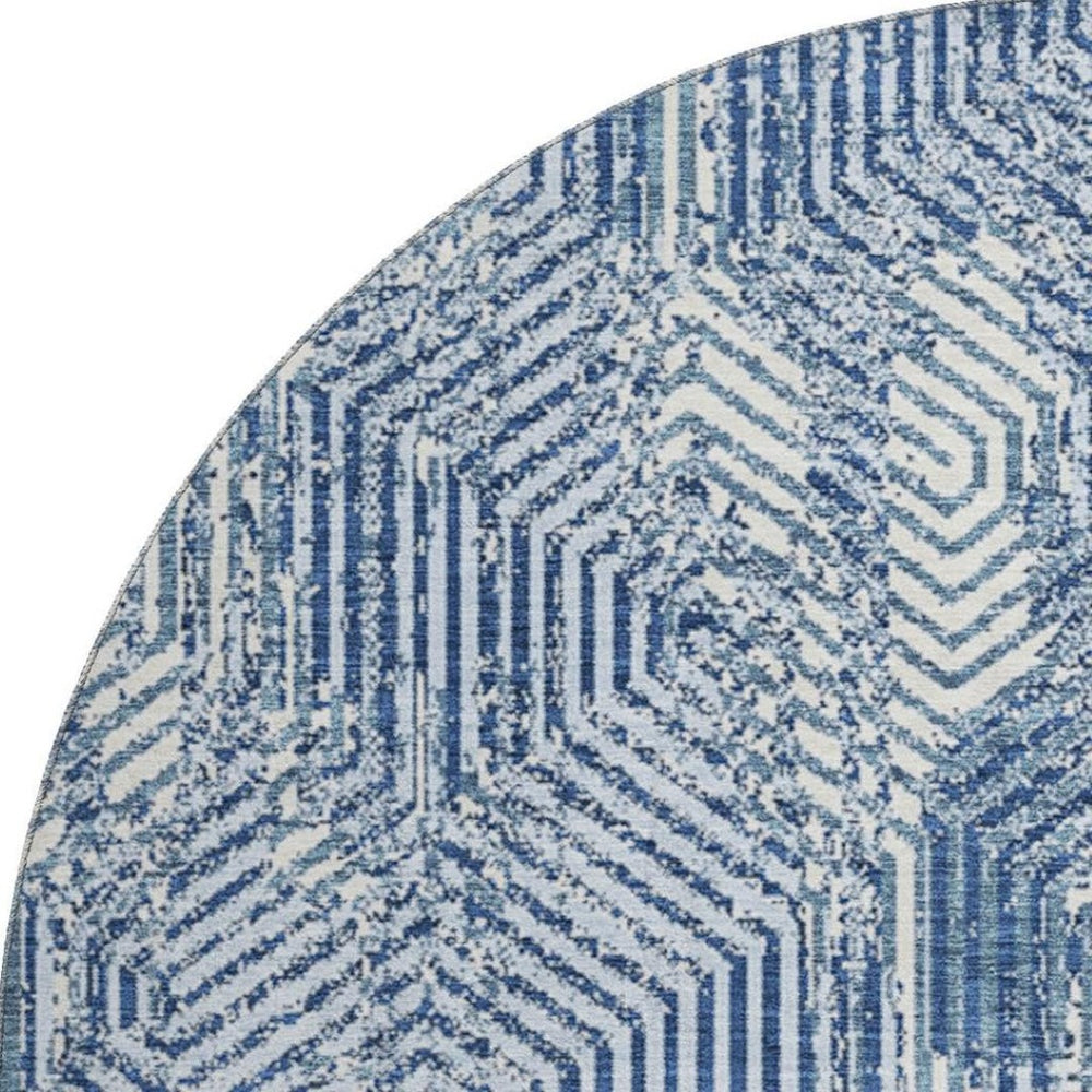 HomeRoots 8' Navy Blue & Ivory Geometric Round Rug - Washable, UV-Protected Decor for Modern Spaces 672521