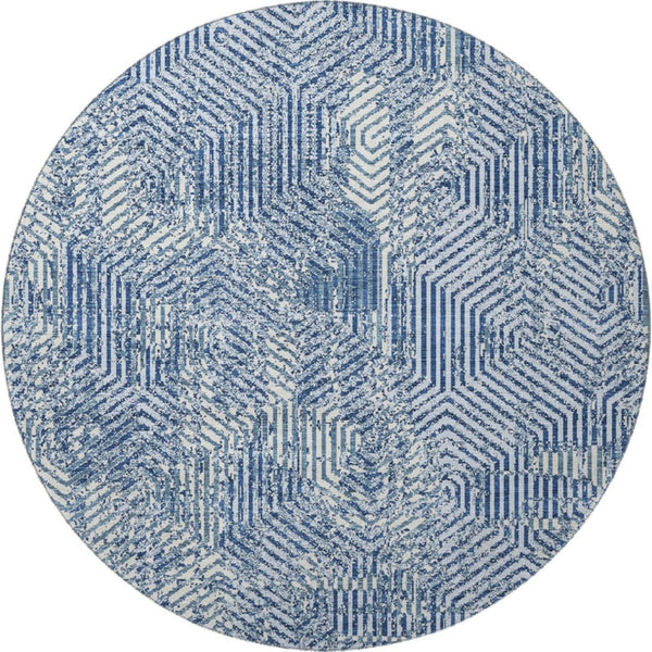 HomeRoots 8' Navy Blue & Ivory Geometric Round Rug - Washable, UV-Protected Decor for Modern Spaces 672521