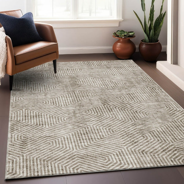 HomeRoots 5' X 8' Taupe and Beige Geometric Area Rug - Washable, UV Protected, Stain Resistant for Homes 672532
