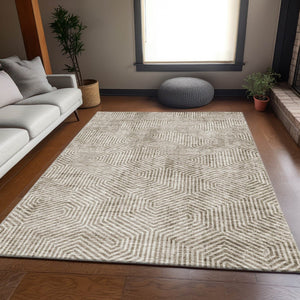 HomeRoots 5' X 8' Taupe and Beige Geometric Area Rug - Washable, UV Protected, Stain Resistant for Homes 672532
