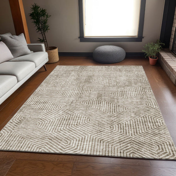 HomeRoots 5' X 8' Taupe and Beige Geometric Area Rug - Washable, UV Protected, Stain Resistant for Homes 672532