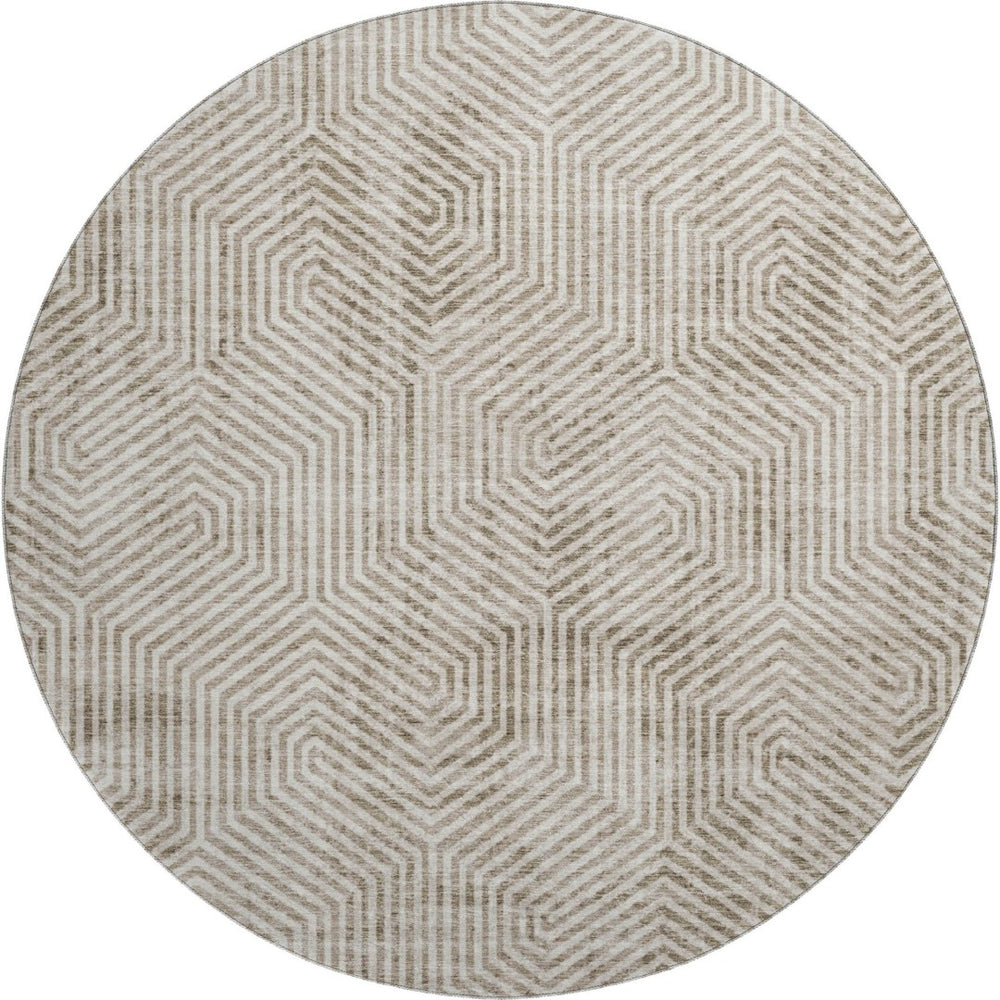 HomeRoots 8' Modern Taupe & Beige Geometric Washable Round Rug - Durable, UV-Protected, Easy-Care Design 672533
