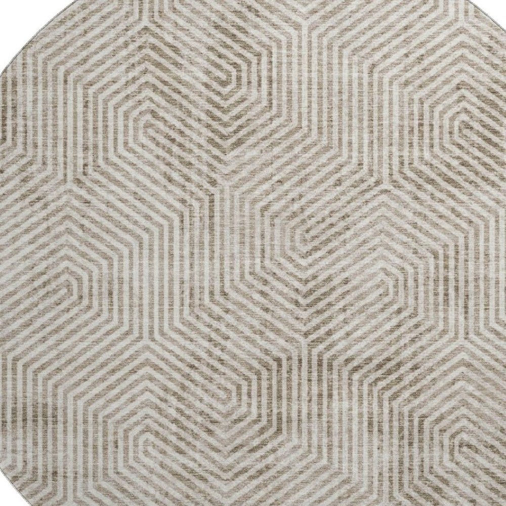 HomeRoots 8' Modern Taupe & Beige Geometric Washable Round Rug - Durable, UV-Protected, Easy-Care Design 672533